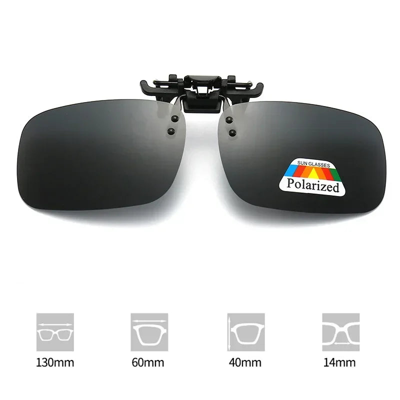A pair of black polarized driving sunglasses with various lens sizes shown below.