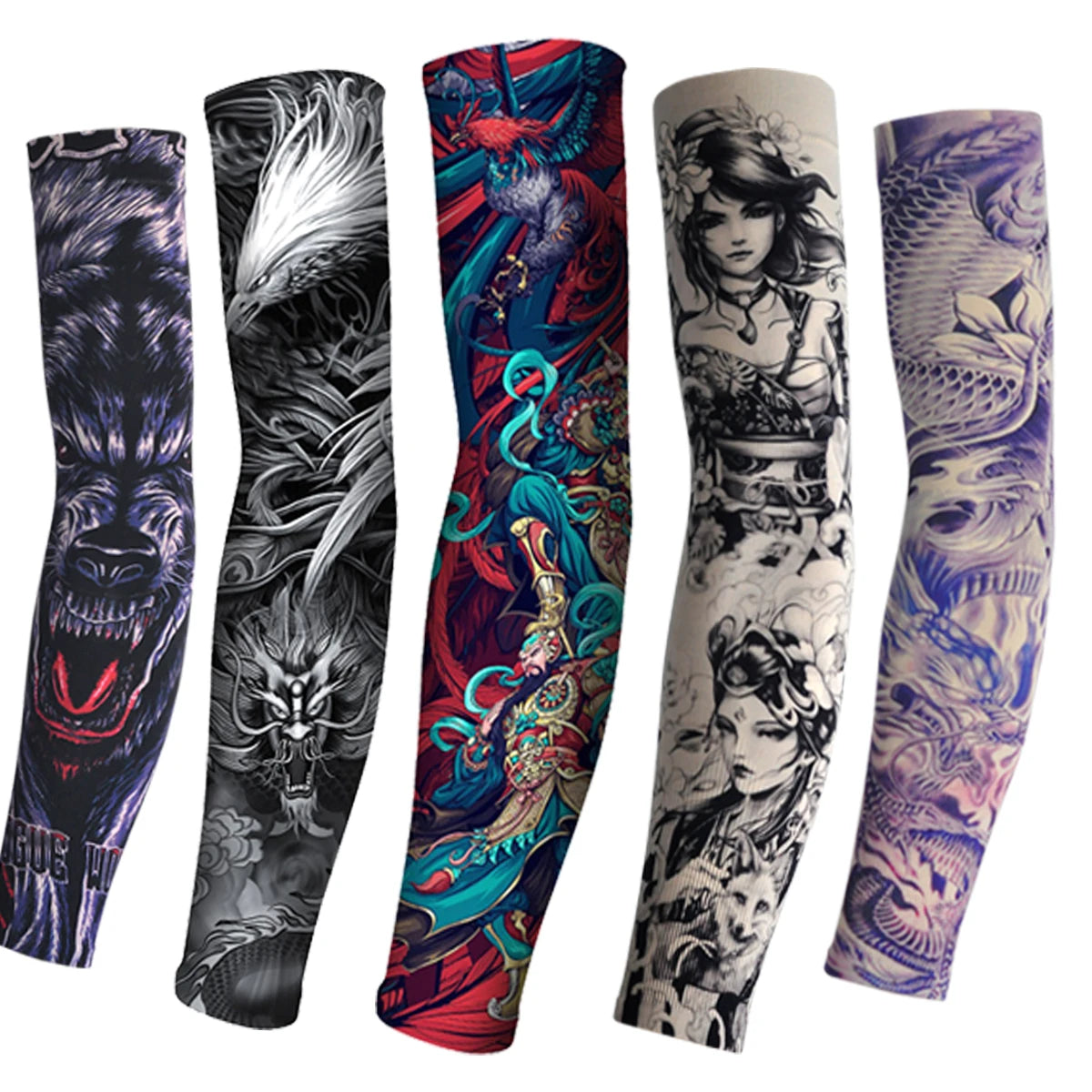 A collection of nine full-length ice silk tattoo sleeves featuring various dark and colorful designs.