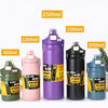 A collection of purple, pink, black, and blue insulated stainless steel water bottles with straws shown in various sizes.