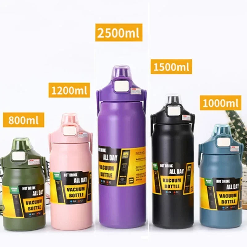 A collection of purple, pink, black, and blue insulated stainless steel water bottles with straws shown in various sizes.