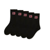 A row of black men's classic crew socks with red numbering 23