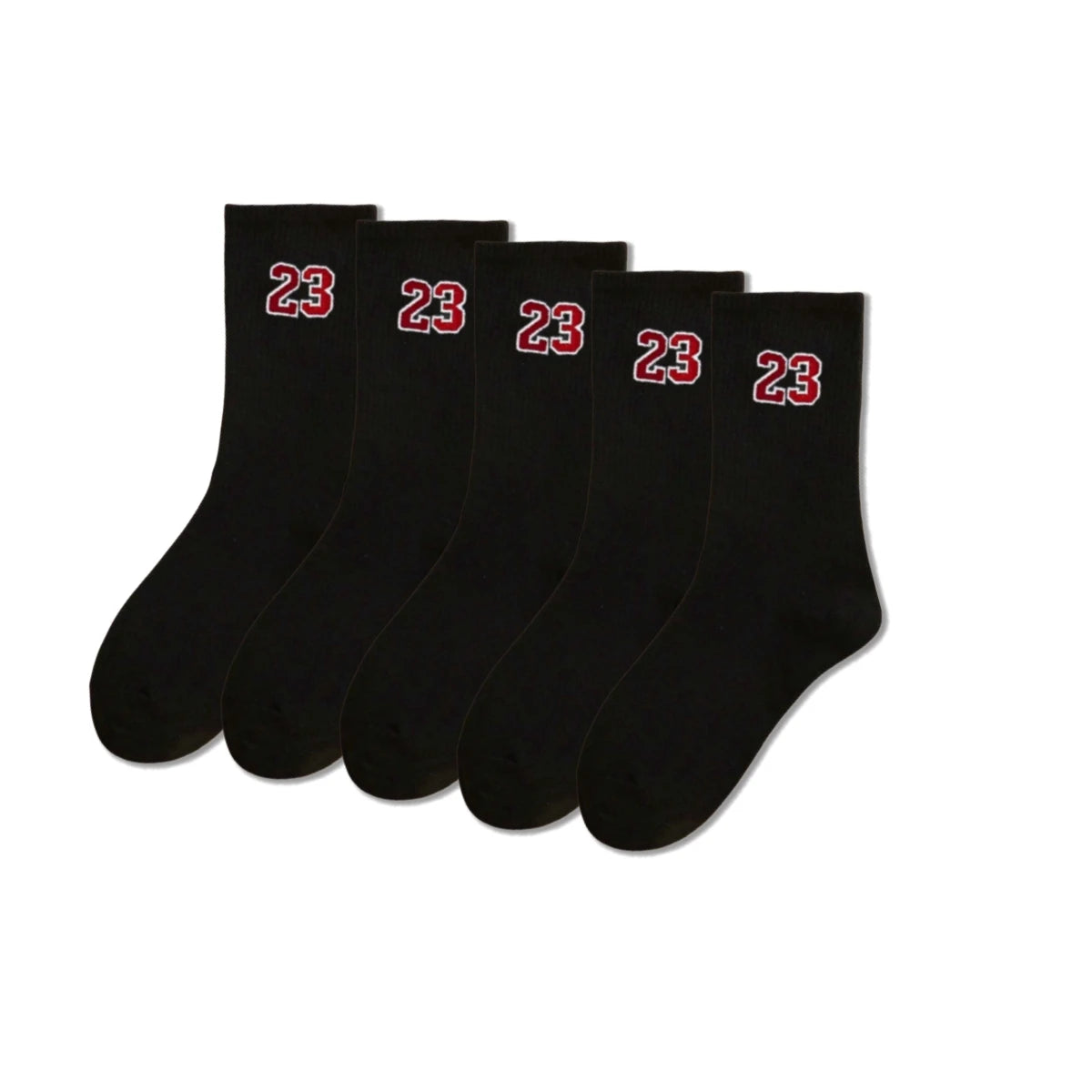 A row of black men's classic crew socks with red numbering 23