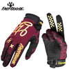 A pair of dark red cycling gloves with black accents and yellow stitching shown against a white background.