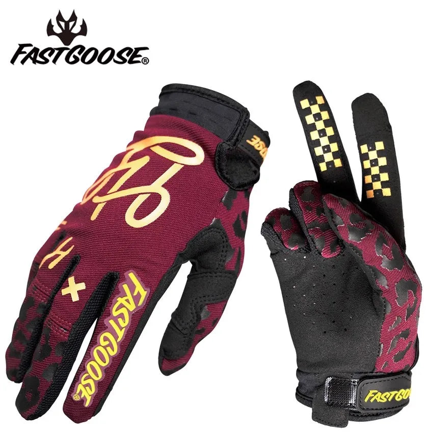 A pair of dark red cycling gloves with black accents and yellow stitching shown against a white background.