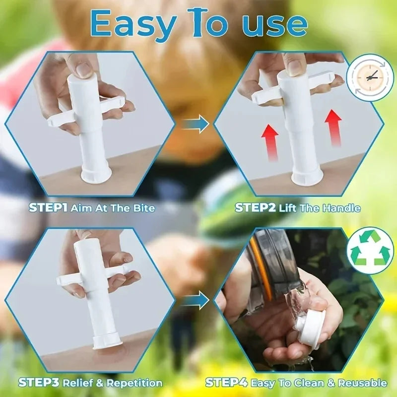 A four-step guide showing how to use a white natural insect bite relief tool for aiming, lifting, repetition, and cleaning.