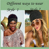 Two styles of a black adjustable sports headband worn by women, showing different ways to style the hair.