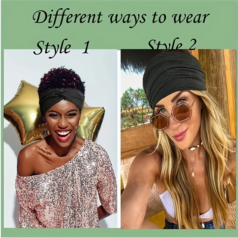 Two styles of a black adjustable sports headband worn by women, showing different ways to style the hair.