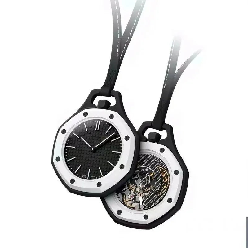 A black leather strap watch with a white octagonal face and gold accents.