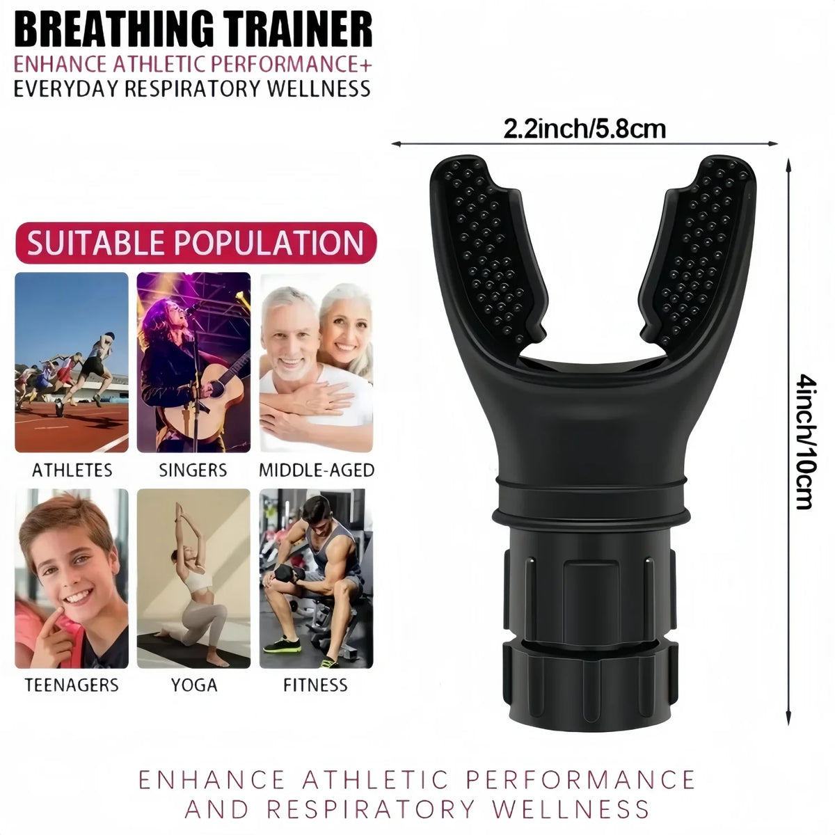 Black silicone breathing trainer for athletic performance and respiratory wellness