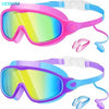 A pair of pink and purple kids swim goggles with nose clips and earplugs shown in various angles.