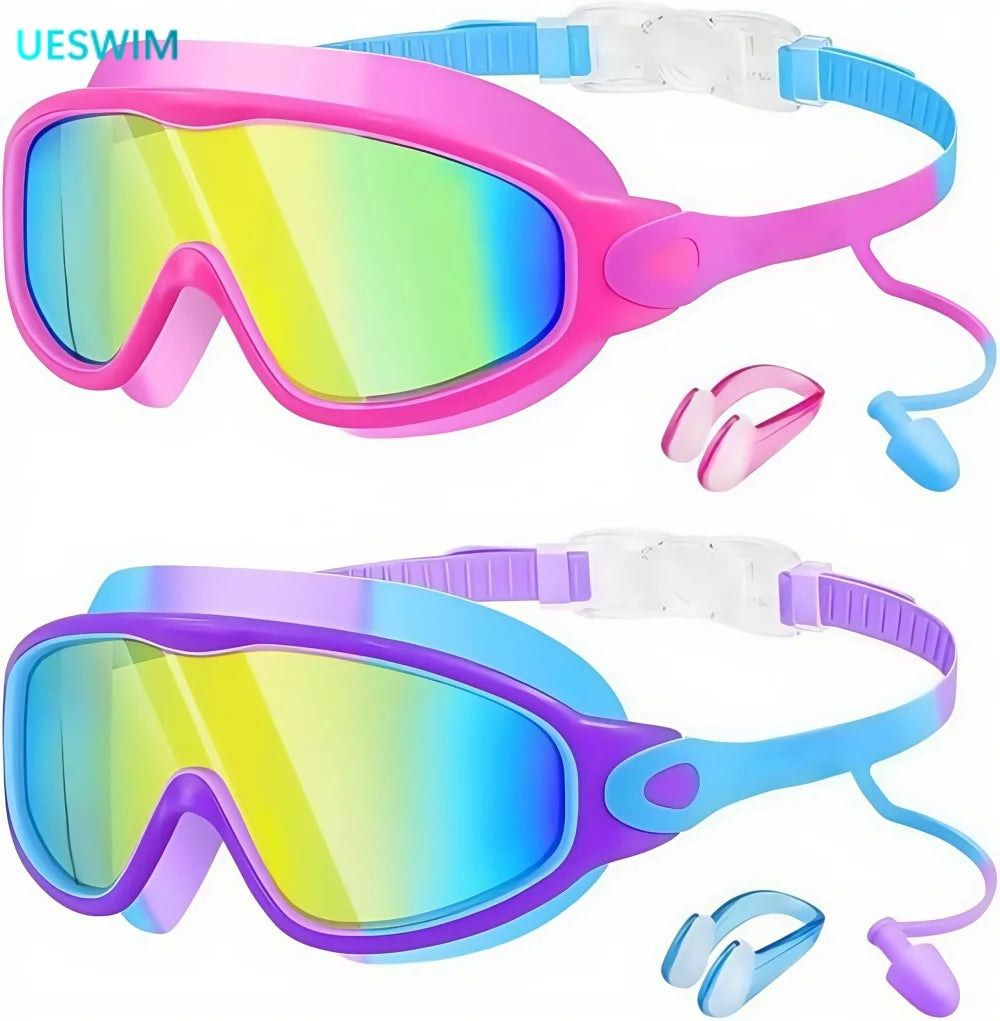 A pair of pink and purple kids swim goggles with nose clips and earplugs shown in various angles.