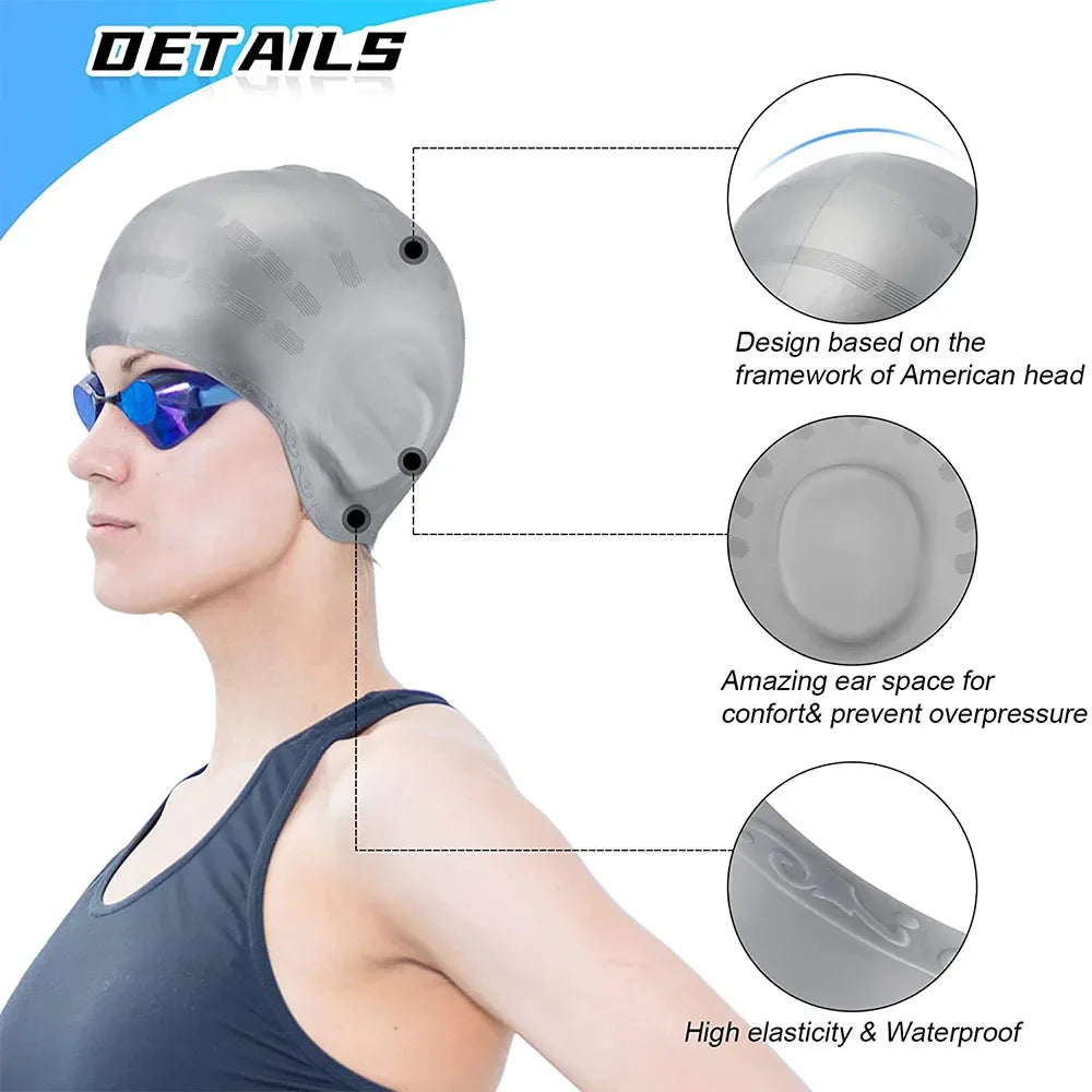 A woman wearing a gray silicone swimming cap designed on the framework of an American head, highlighting its ear space and el