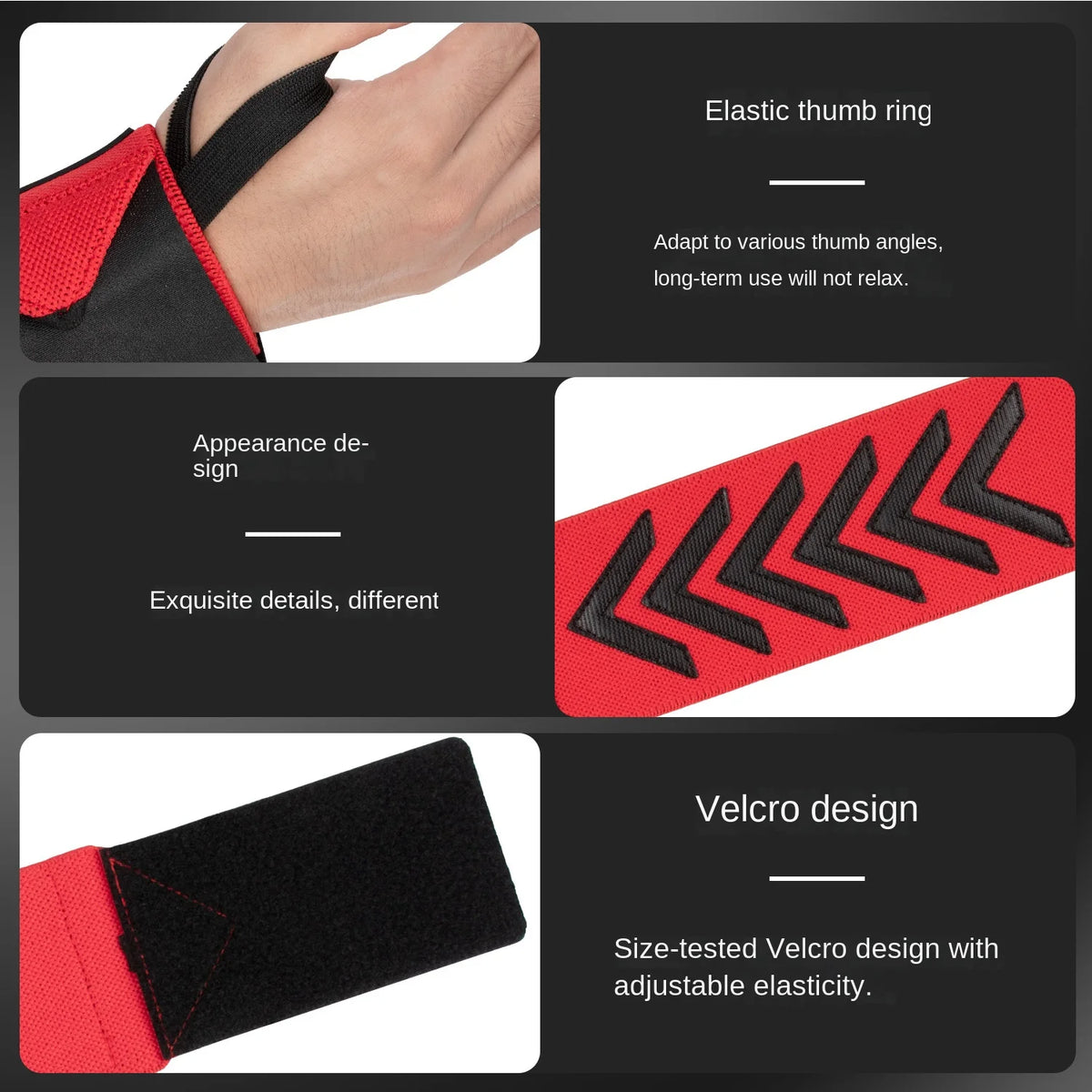 Close-up view of a black elastic thumb ring and a velcro design wrist support wrap in red.