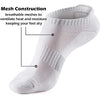 A white breathable mesh sock shown on a foot, designed to ventilate heat and moisture.