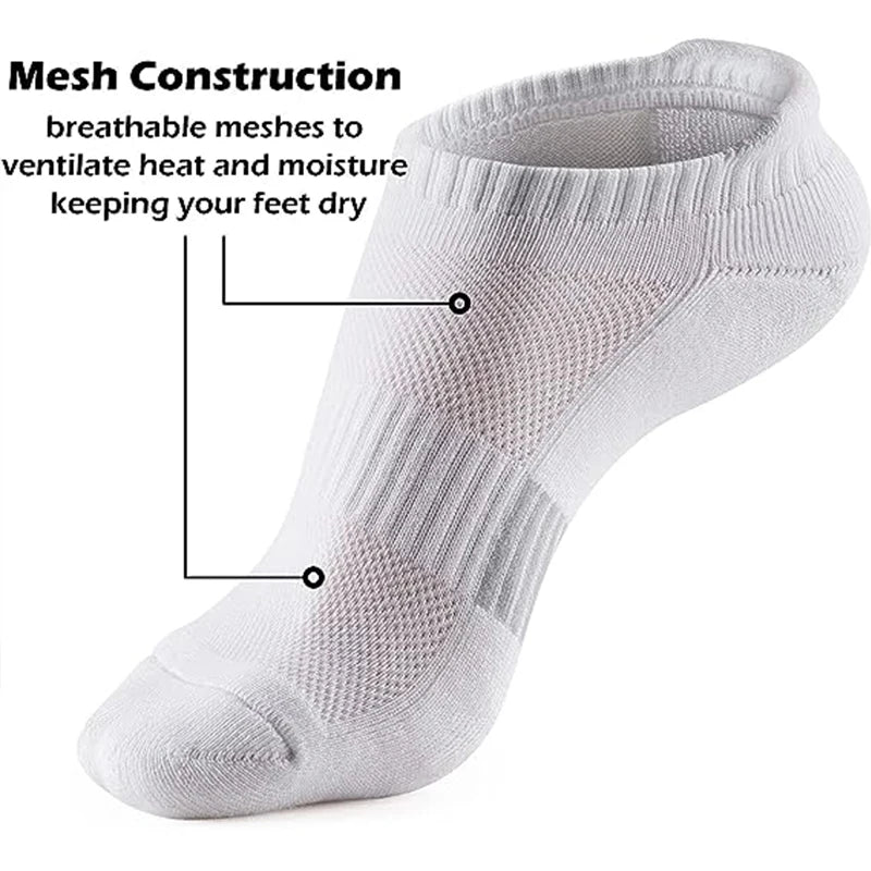 A white breathable mesh sock shown on a foot, designed to ventilate heat and moisture.