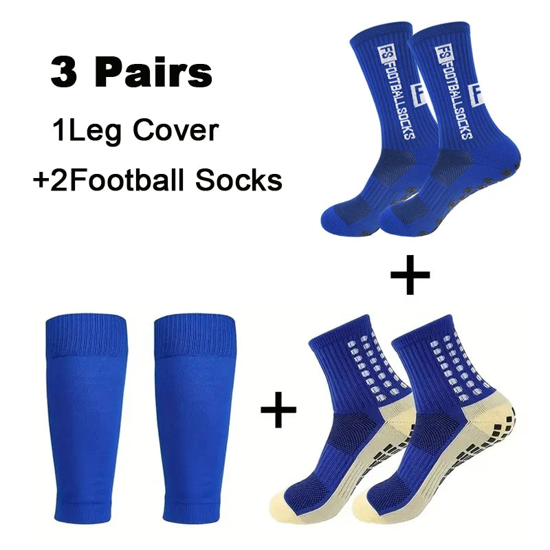 A set of three pairs of men's grip soccer socks including one leg cover and two football socks.