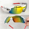 A pair of yellow-tinted sport sunglasses with white and red accents are shown in two views.