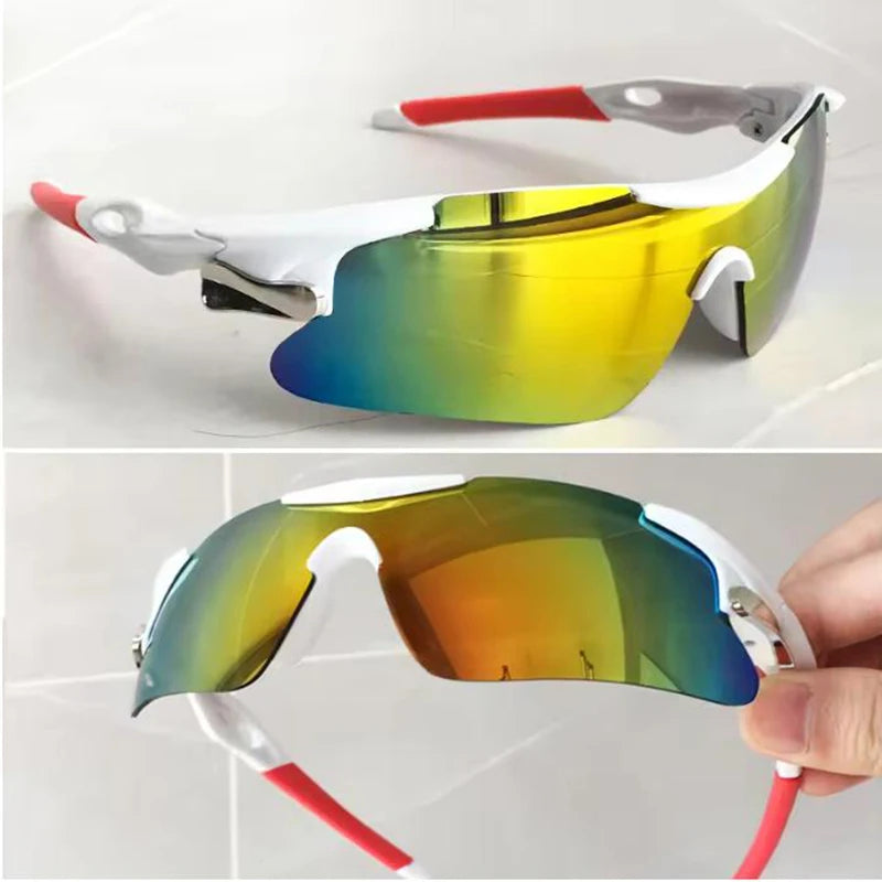 A pair of yellow-tinted sport sunglasses with white and red accents are shown in two views.