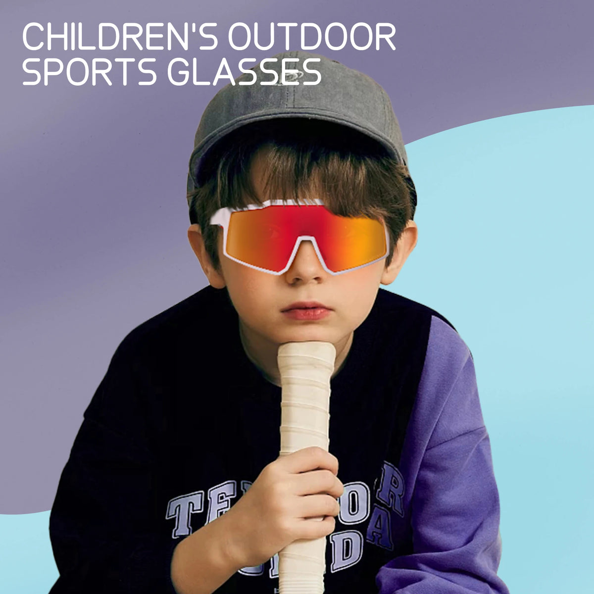 A young boy wearing orange polarized sports glasses outdoors.