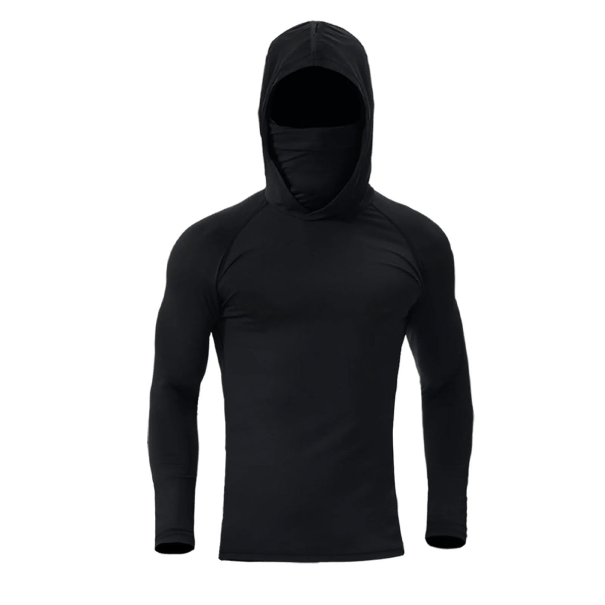 Black men's athletic fishing hoodie with a hood and long sleeves