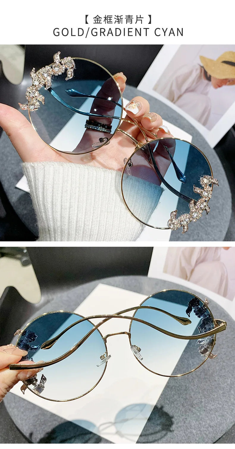 Women's Rhinestone Oversized Round Sunglasses with UV400 Protection