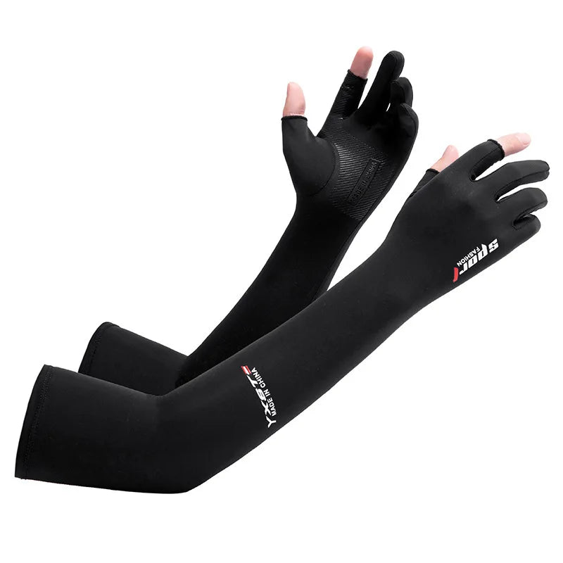 Black UV protection arm sleeves shown on a hand and forearm.