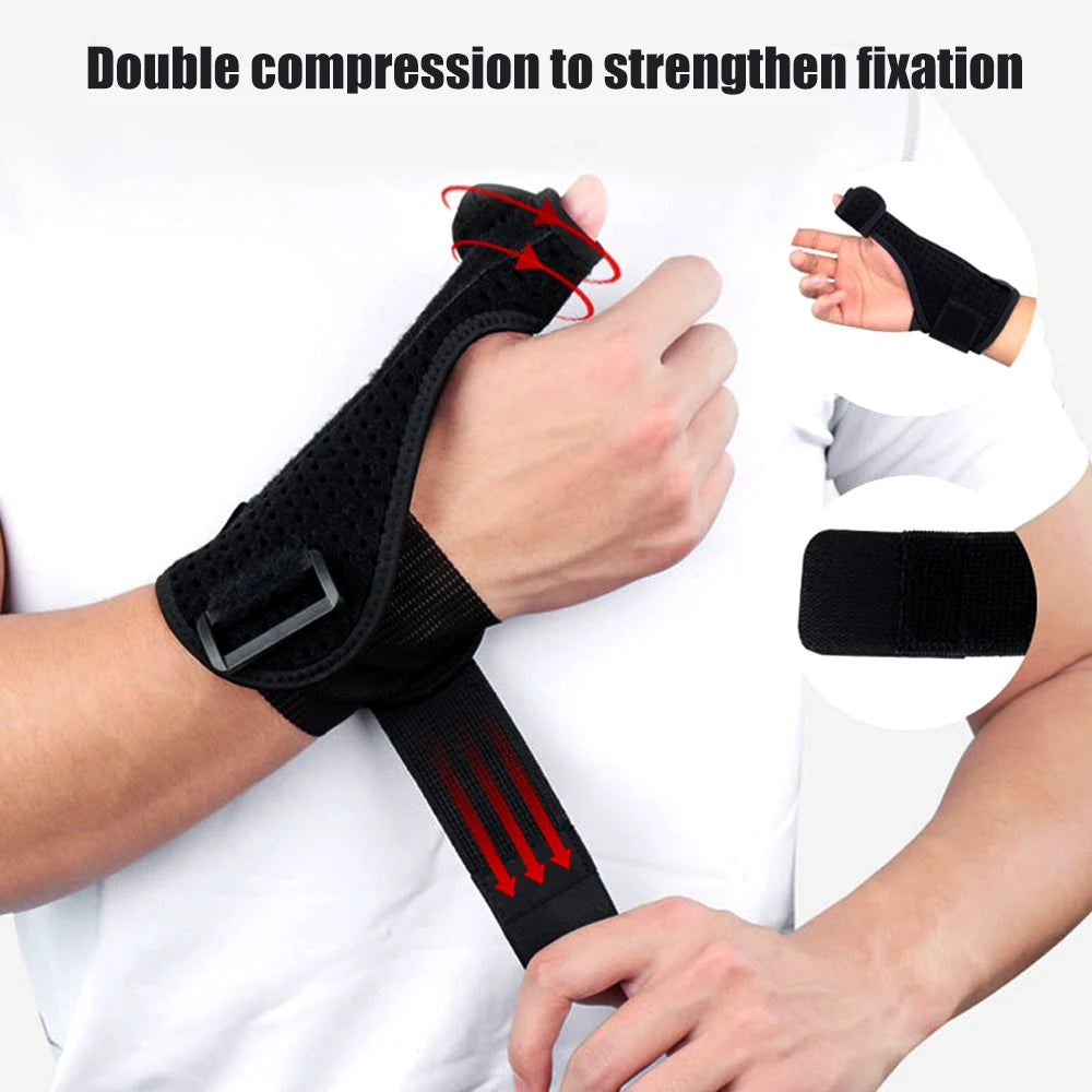 A hand is applying a black wrist and thumb support brace to strengthen fixation.