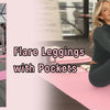 A woman models dark gray flare leggings with pockets in a modern gym setting.