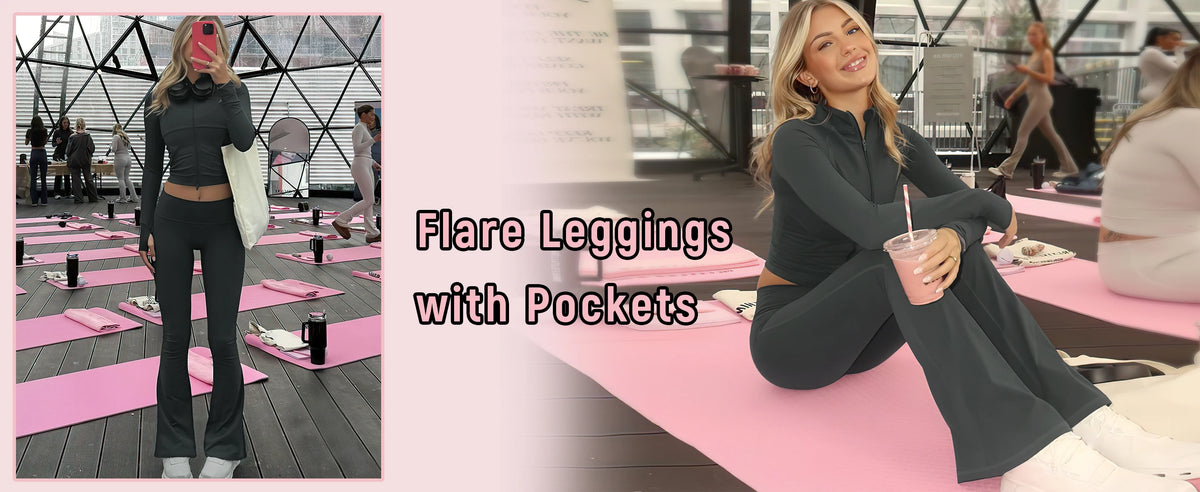A woman models dark gray flare leggings with pockets in a modern gym setting.