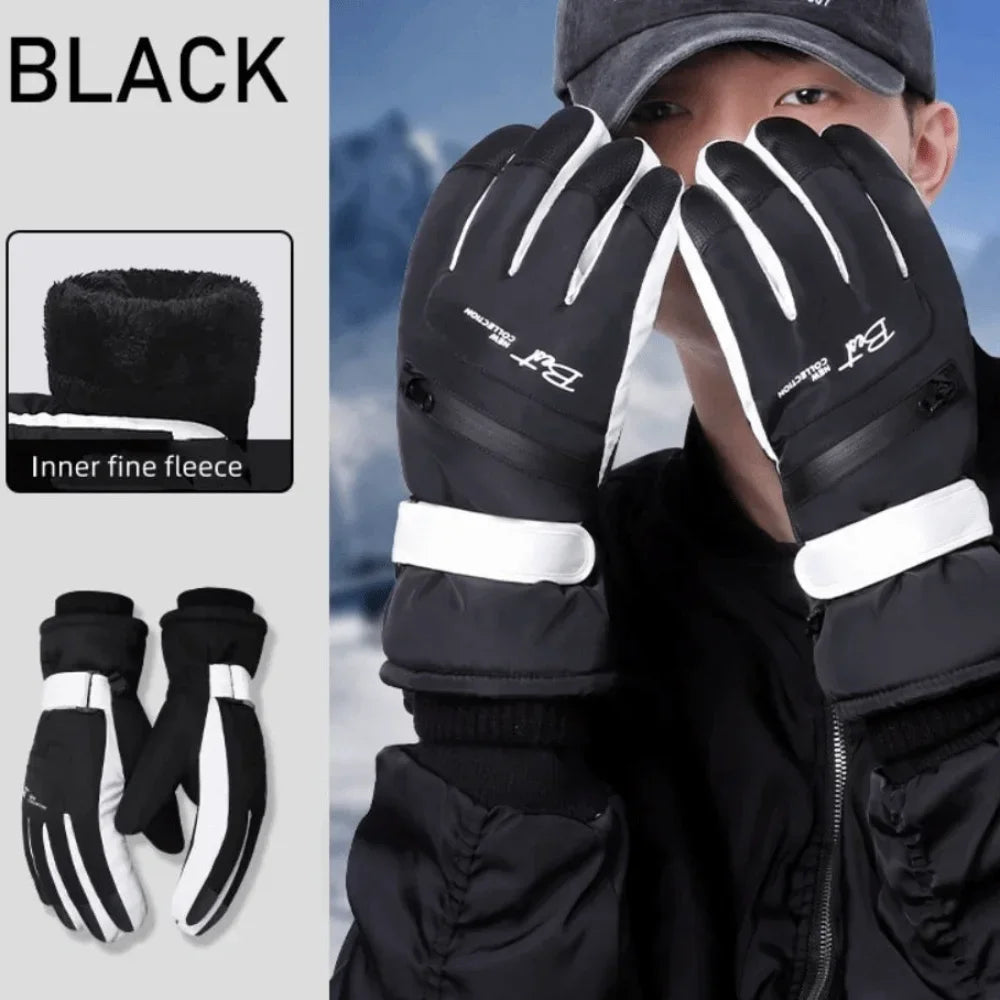 Black thermal winter ski and riding gloves shown on a person's hand, with an inset showing the inner fine fleece lining.