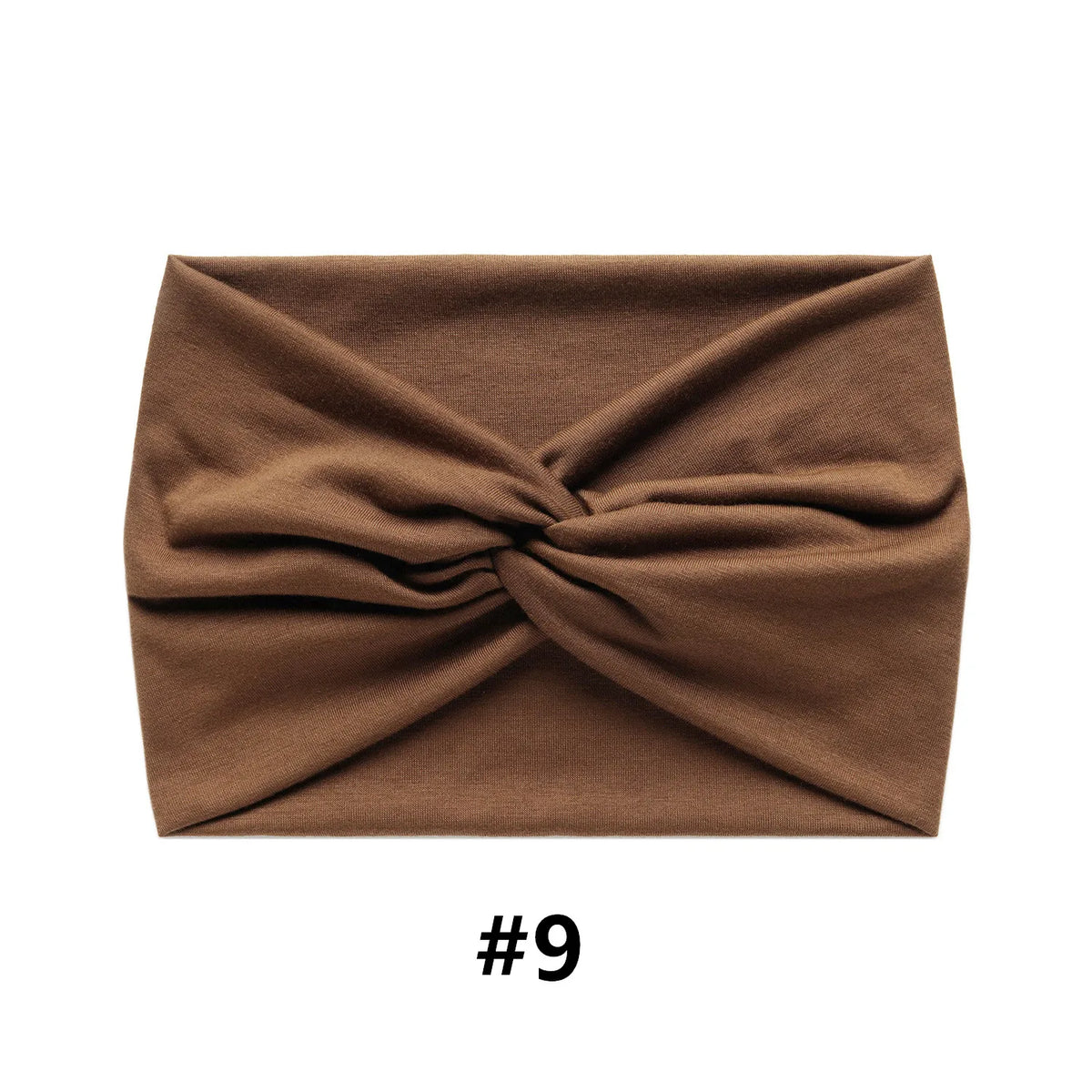 A brown fabric headband folded into a knot, shown flat.