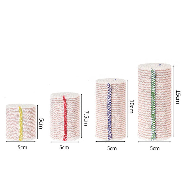 Four rolls of reusable hook and loop elastic compression wraps in various colors and lengths.