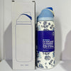 A blue and white insulated stainless steel sports water bottle is shown next to its packaging box.