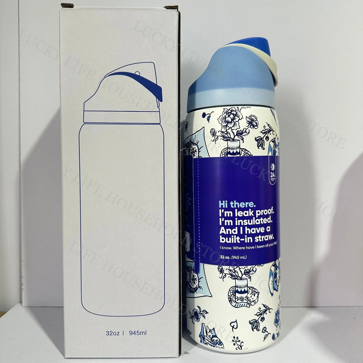 A blue and white insulated stainless steel sports water bottle is shown next to its packaging box.
