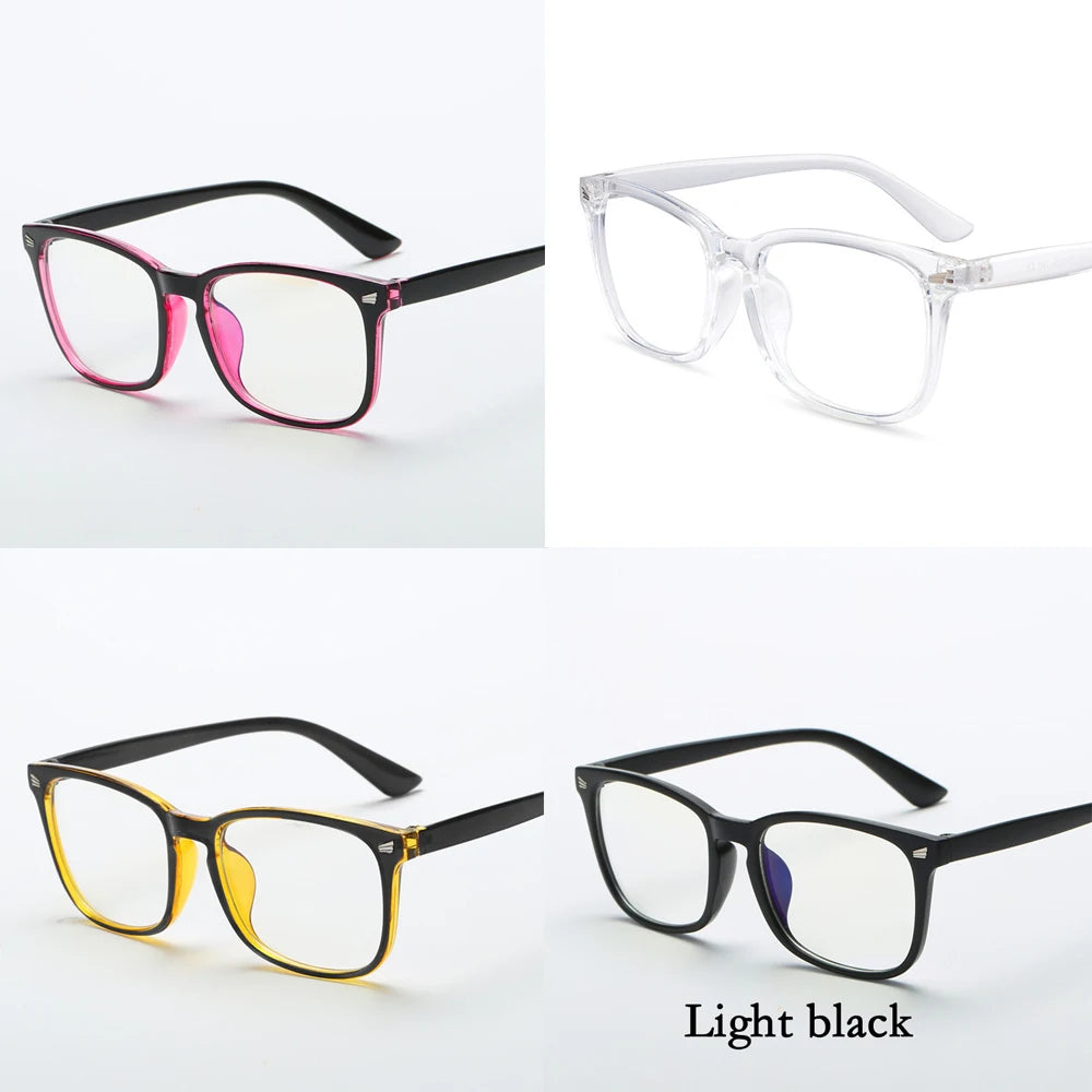 A set of four optical glasses frames in various colors including pink, clear, yellow, and blue, shown against a white backgro