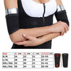Black slimming arm shaper sleeves for women shown on an arm with size chart.