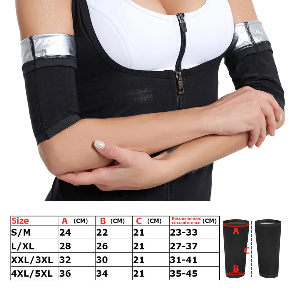 Black slimming arm shaper sleeves for women shown on an arm with size chart.