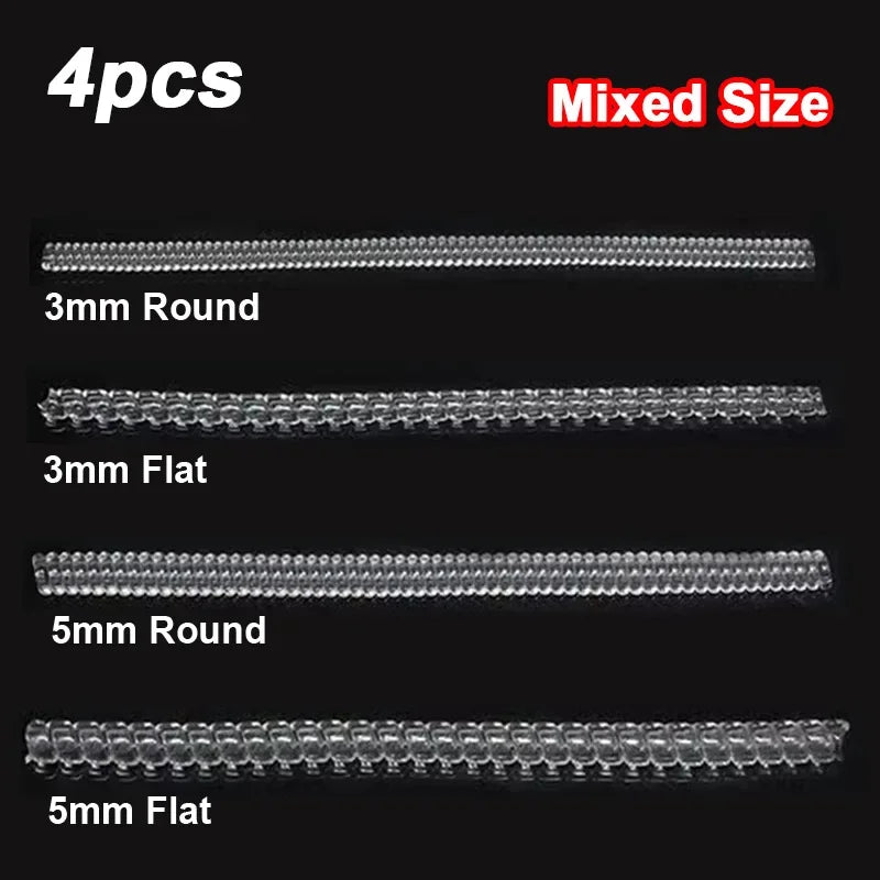 A set of four mixed-size invisible ring sizer tools including 3mm round, 3mm flat, 5mm round, and 5mm flat rings.