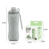 Botella plegable de silicona gris con dimensiones y empaque.