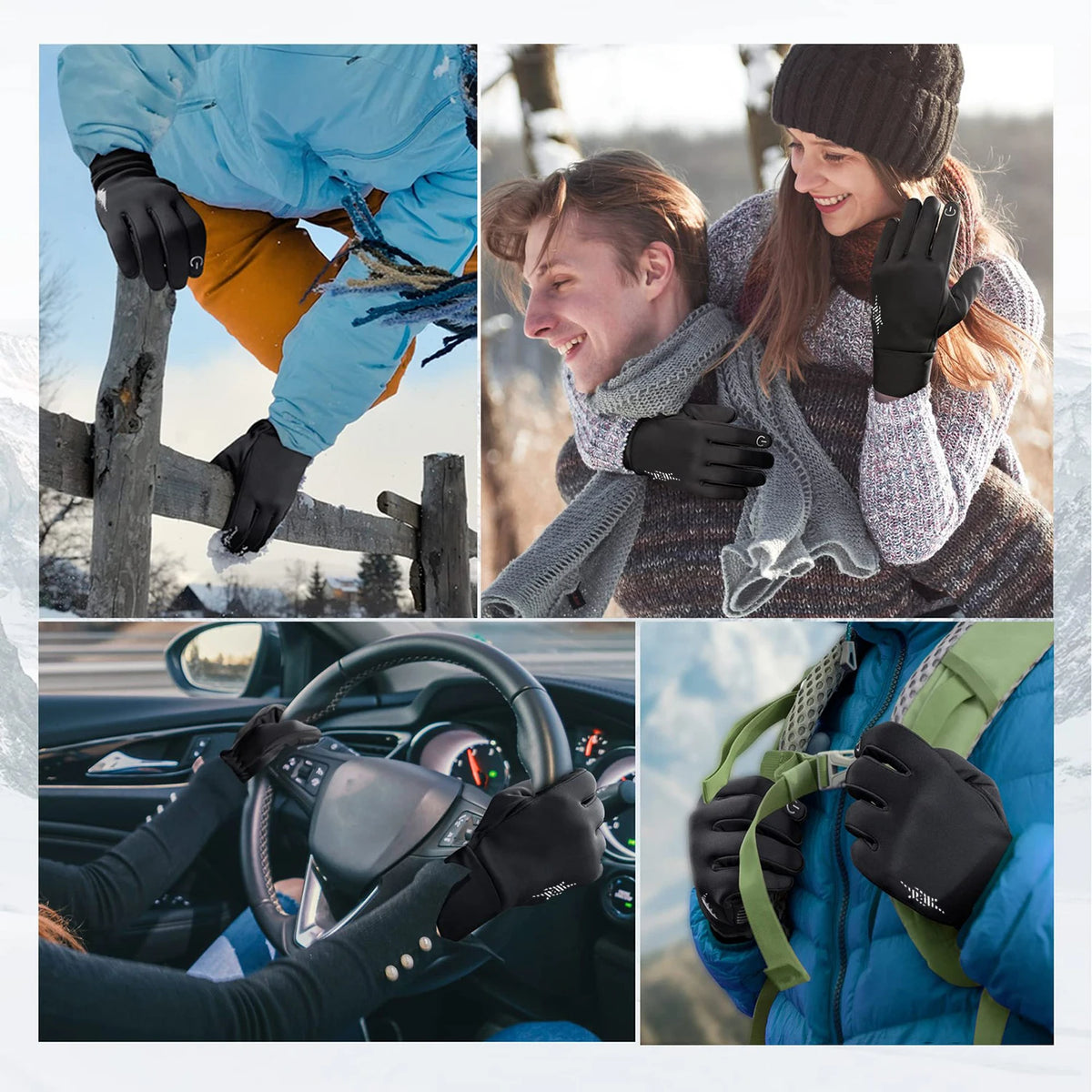 A collage showing people wearing thermal windproof winter gloves in various outdoor and driving contexts.