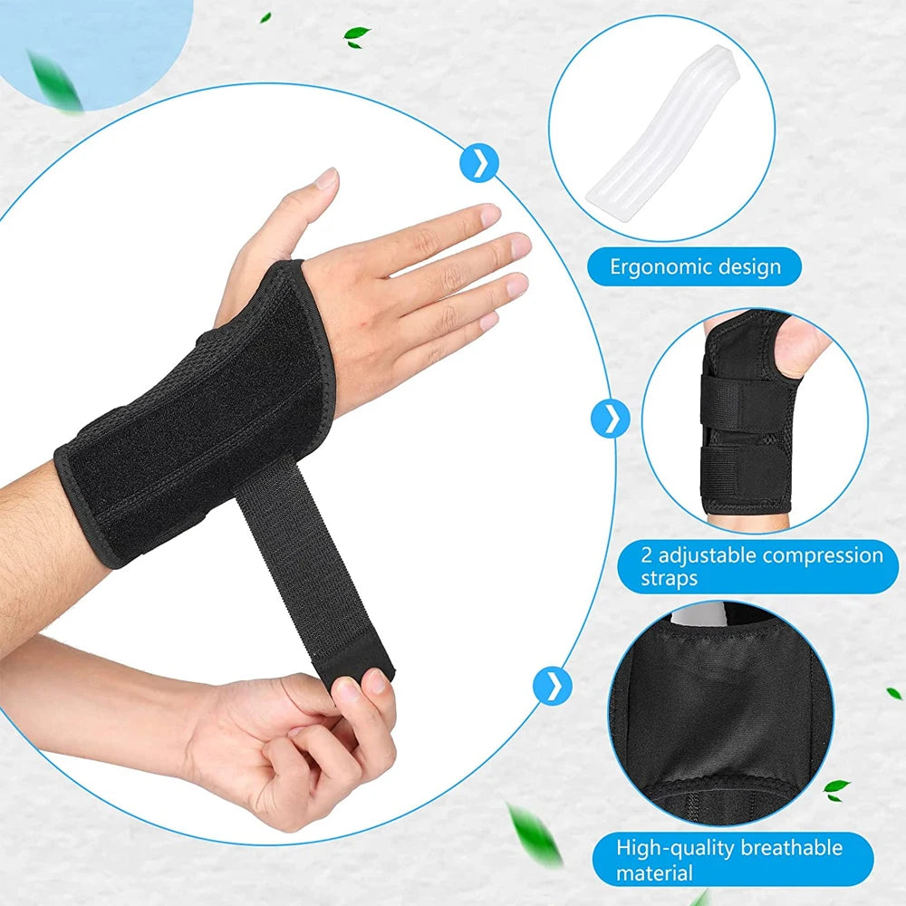 Black elastic wrist support brace shown on a hand, highlighting ergonomic design and breathable material.