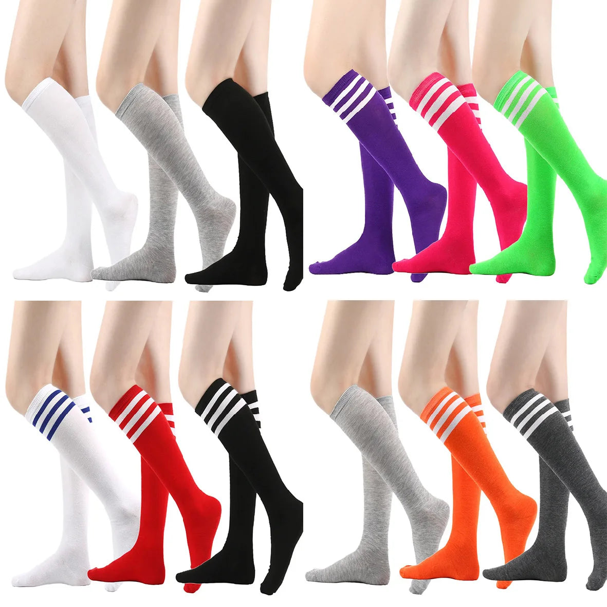 Colección de medias hasta el muslo a rayas para mujer en varios colores como negro, gris, morado, rosa y rojo