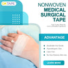 A hand is shown applying a piece of white nonwoven medical surgical tape to the skin.