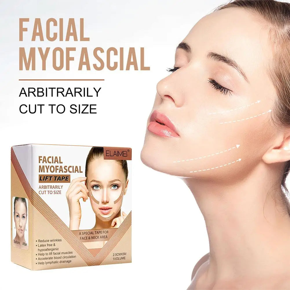 Box of facial myofascial lift tape for face and neck area shown next to a woman's face