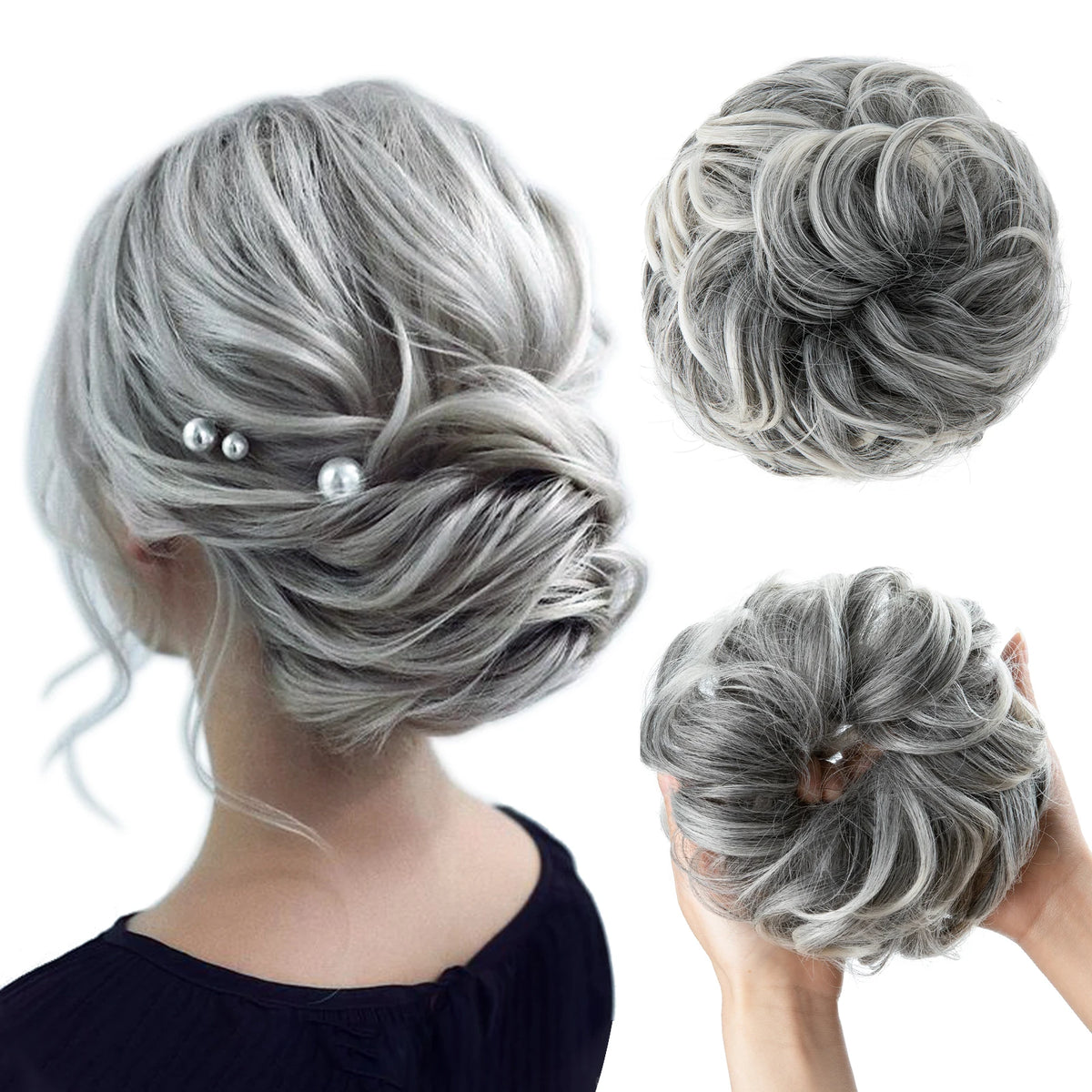 A woman's back shows a messy curly hair bun hairstyle with gray extensions, alongside examples of the style.