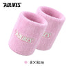Pink knitted sport wristbands with the AOLIKES logo shown in a pair.