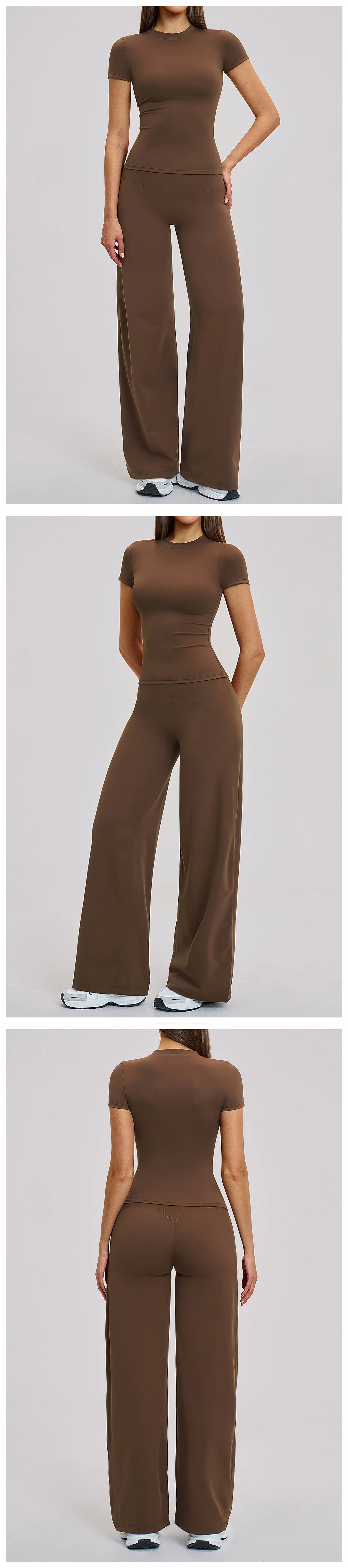 A woman models a brown women's premium fitness tracksuit in a fitted, long-sleeved top and matching trousers.