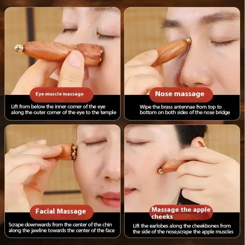 Hands are massaging the eye muscle with a brass lotus stick, showing facial massage techniques.