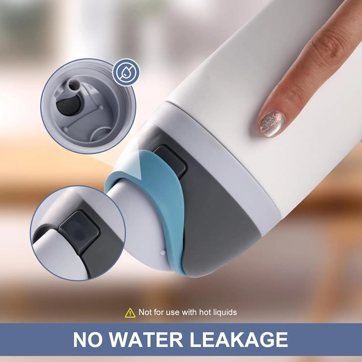 A hand is shown holding a white bottle with a blue lid, emphasizing its leakproof design.