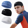 A man is shown wearing a black cycling cap, with various colors of the quick dry cycling cap displayed nearby.